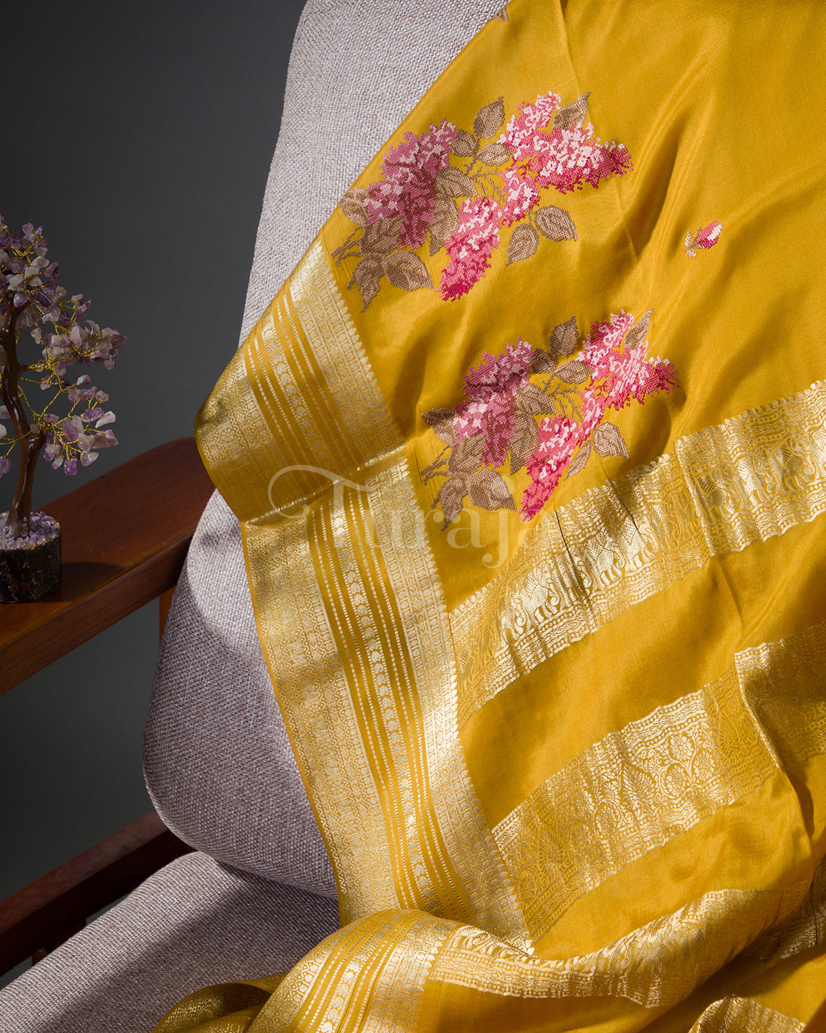 Cherry Blossom: Yellow Mysore Crepe Silk Saree