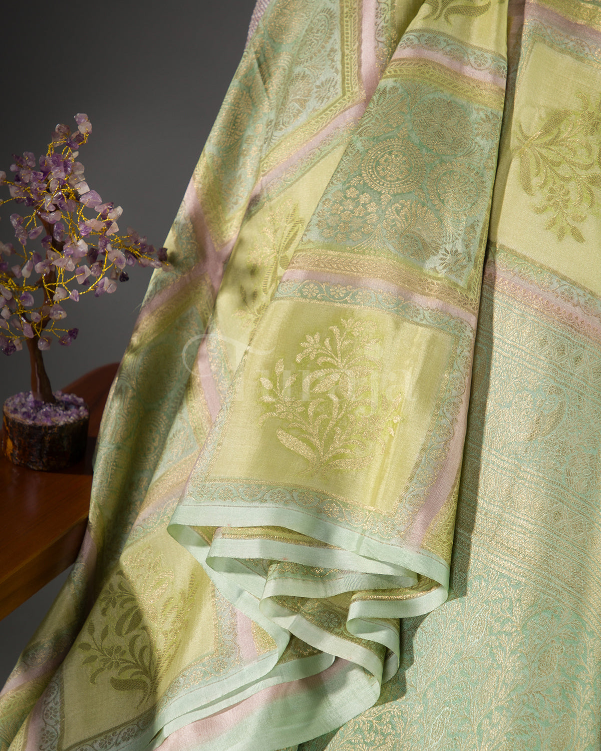 Floral Garden: Lime Green Mysore Crepe Silk Saree