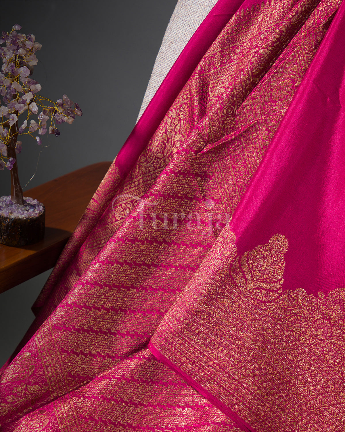 Antique Border: Rani Pink Mysore Crepe Silk Saree
