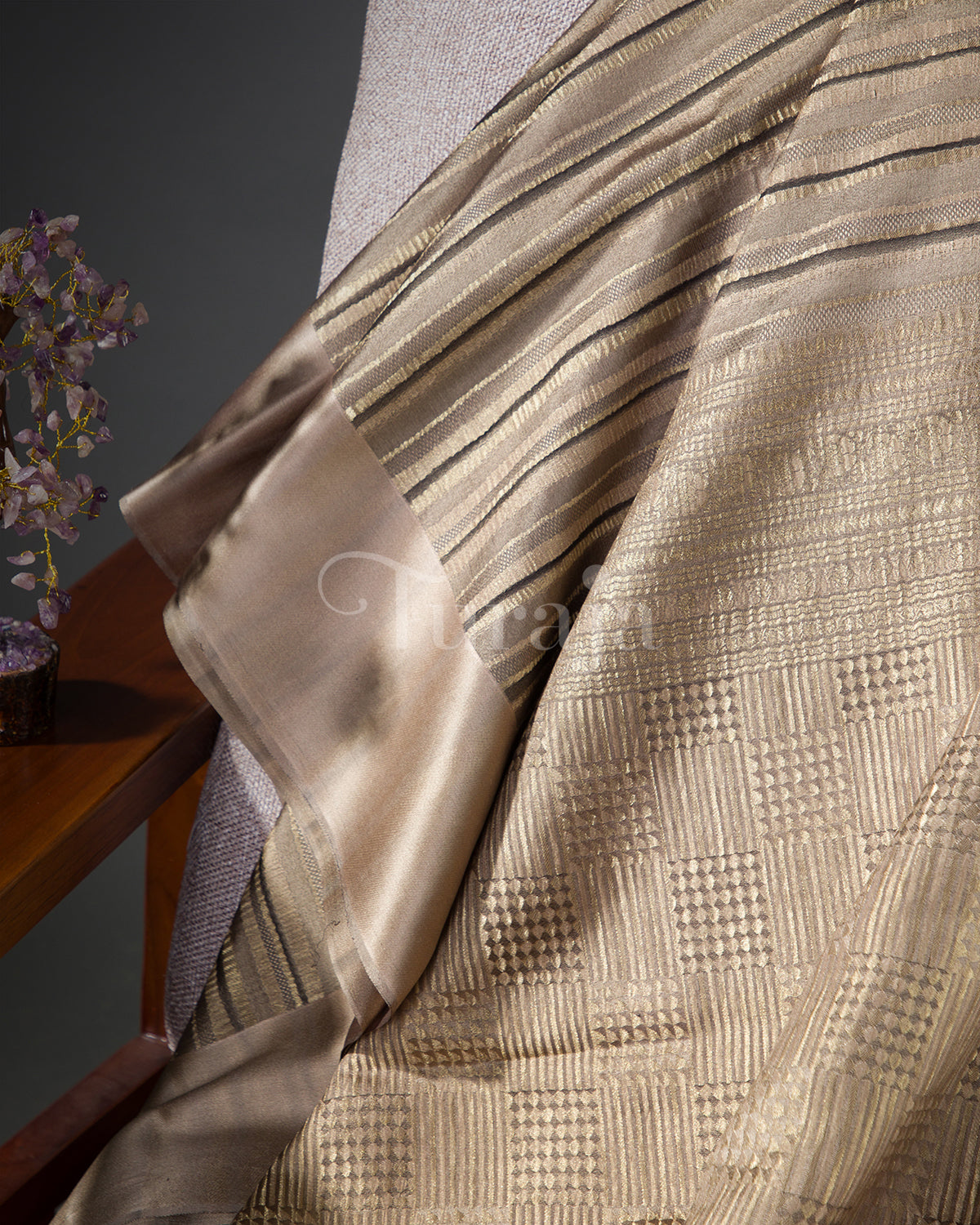 Timeless Stripes: Beige Mysore Crepe Silk Saree
