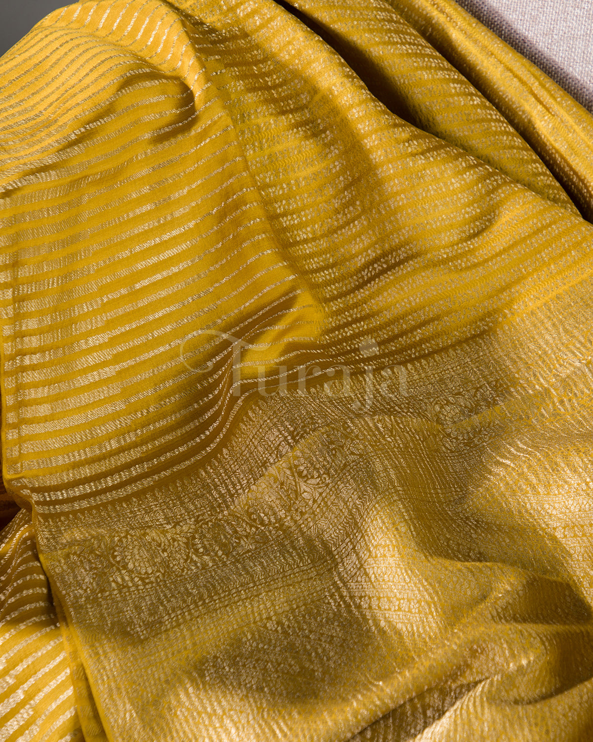 Stripes Saga: Yellow Mysore Crepe Silk Saree
