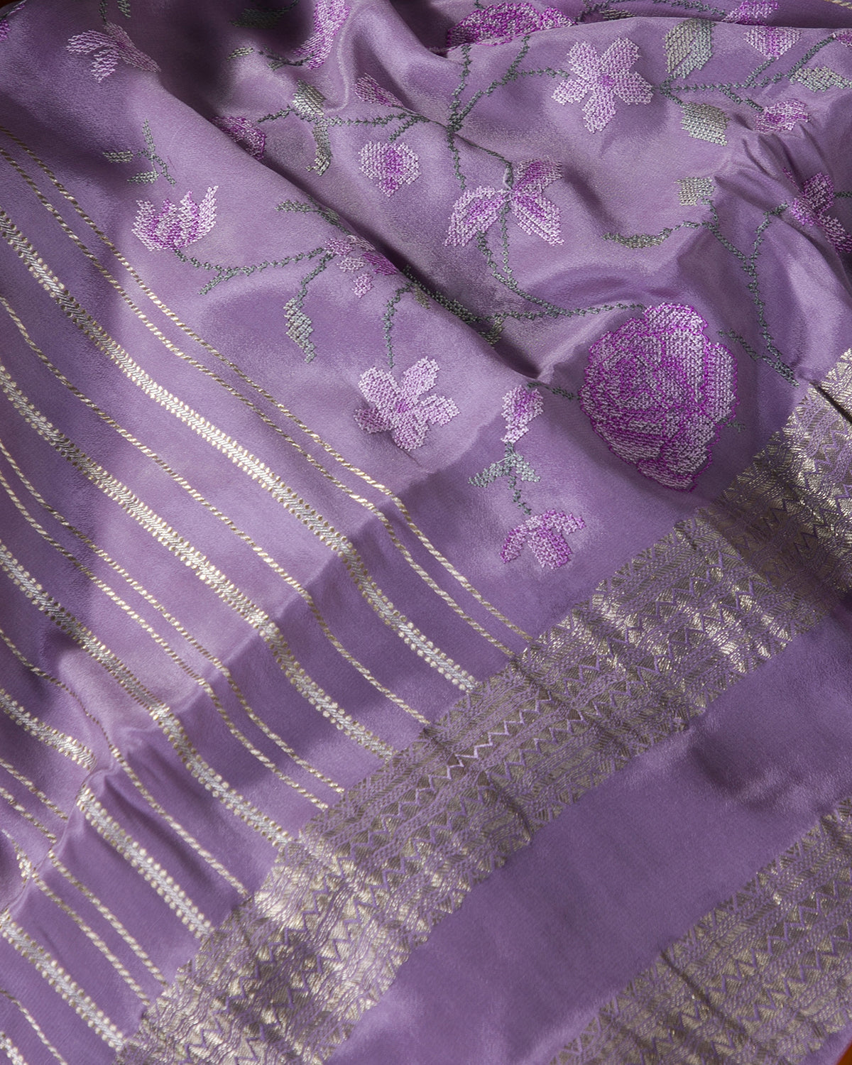 Floral Ari - Lavender Mysore Crepe Silk Saree