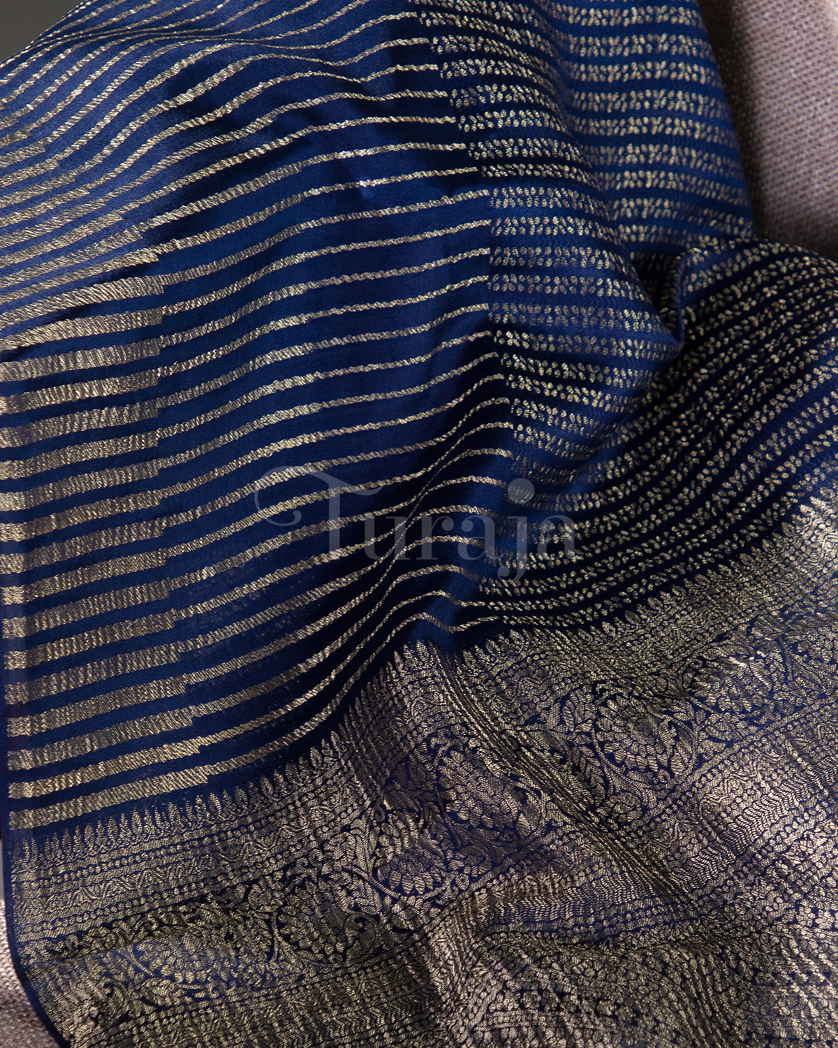 Stripes Saga: Navy Blue Mysore Crepe Silk Saree