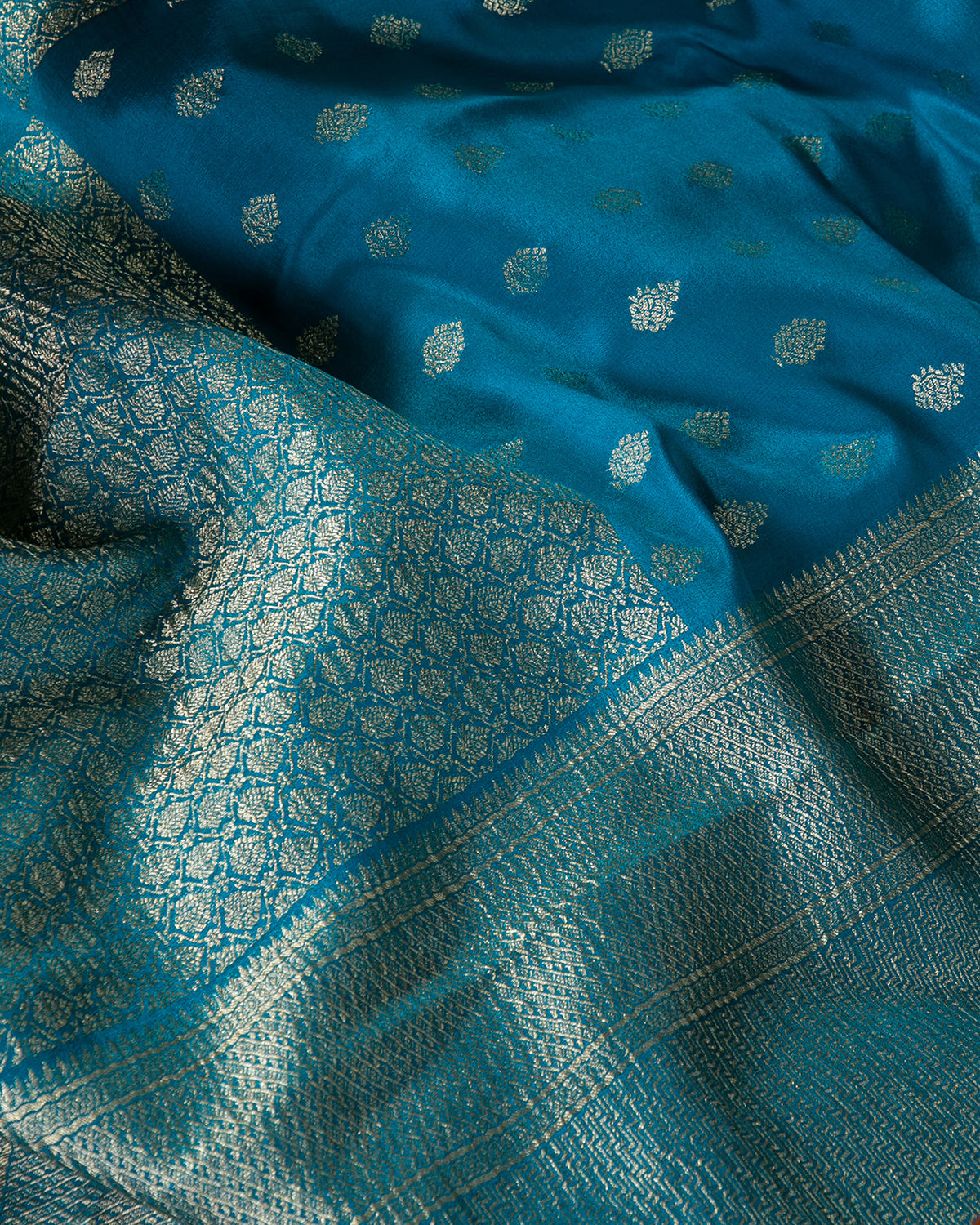 Zari Darbar - Peacock Blue Mysore Crepe Silk Saree