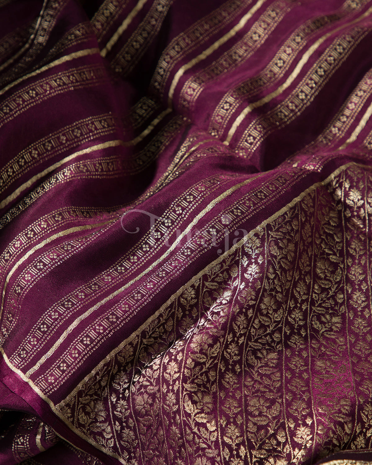 Stripes & Satin: Wine Mysore Crepe Silk Saree - view4