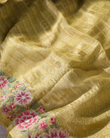 Floral Grid: Yellow Mysore Crepe Silk Saree