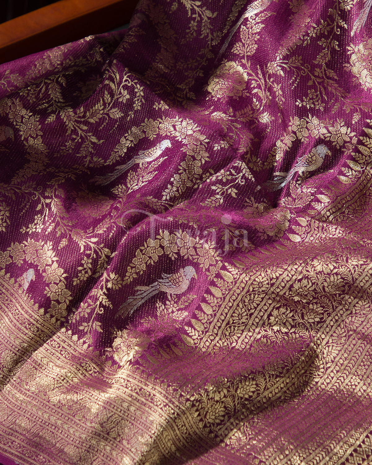 Jangla: Wine Brocade Mysore Crepe Silk Saree-view4