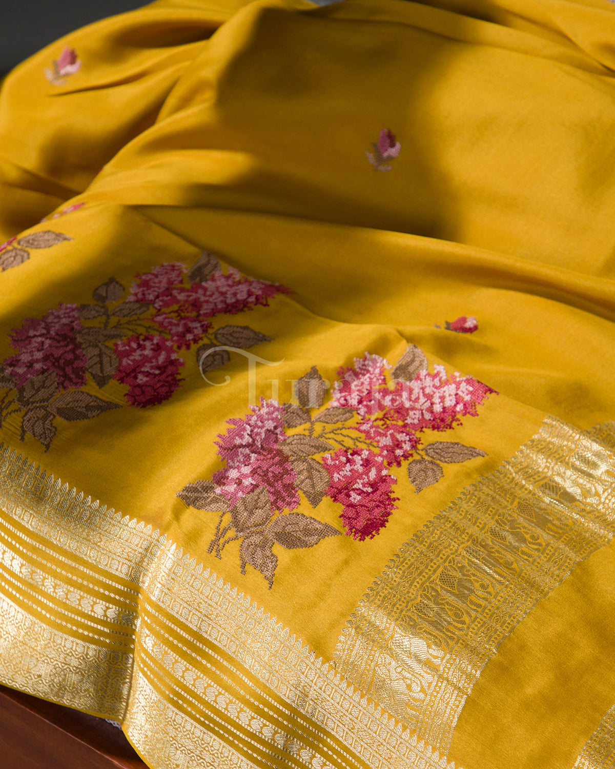 Cherry Blossom: Yellow Mysore Crepe Silk Saree