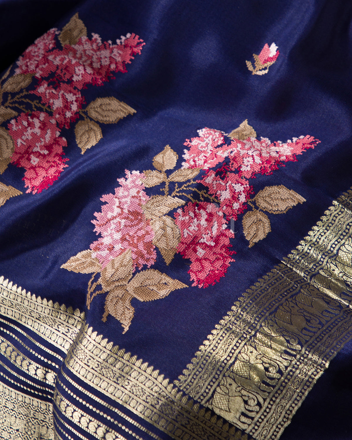 Cherry Blossom: Navy Blue Mysore Crepe Silk Saree