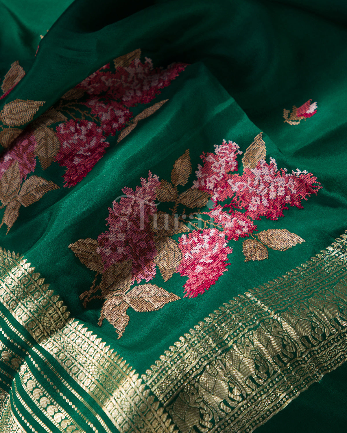 Cherry Blossom: Bottle Green Mysore Crepe Silk Saree