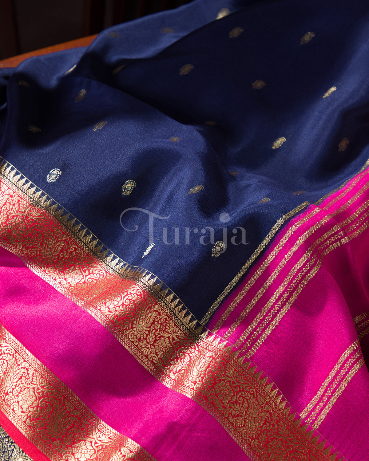 Royal Contrast: Navy Blue & Pink Mysore Crepe Silk Saree