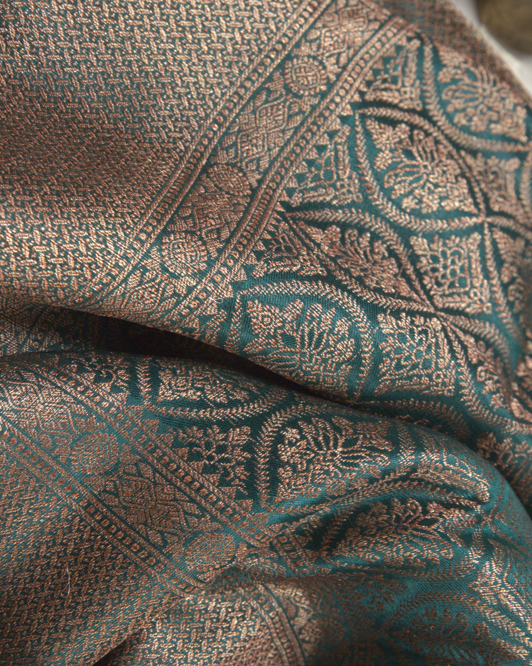 Saanjh: Bottle Green Brocade Mysore Crepe Silk Saree