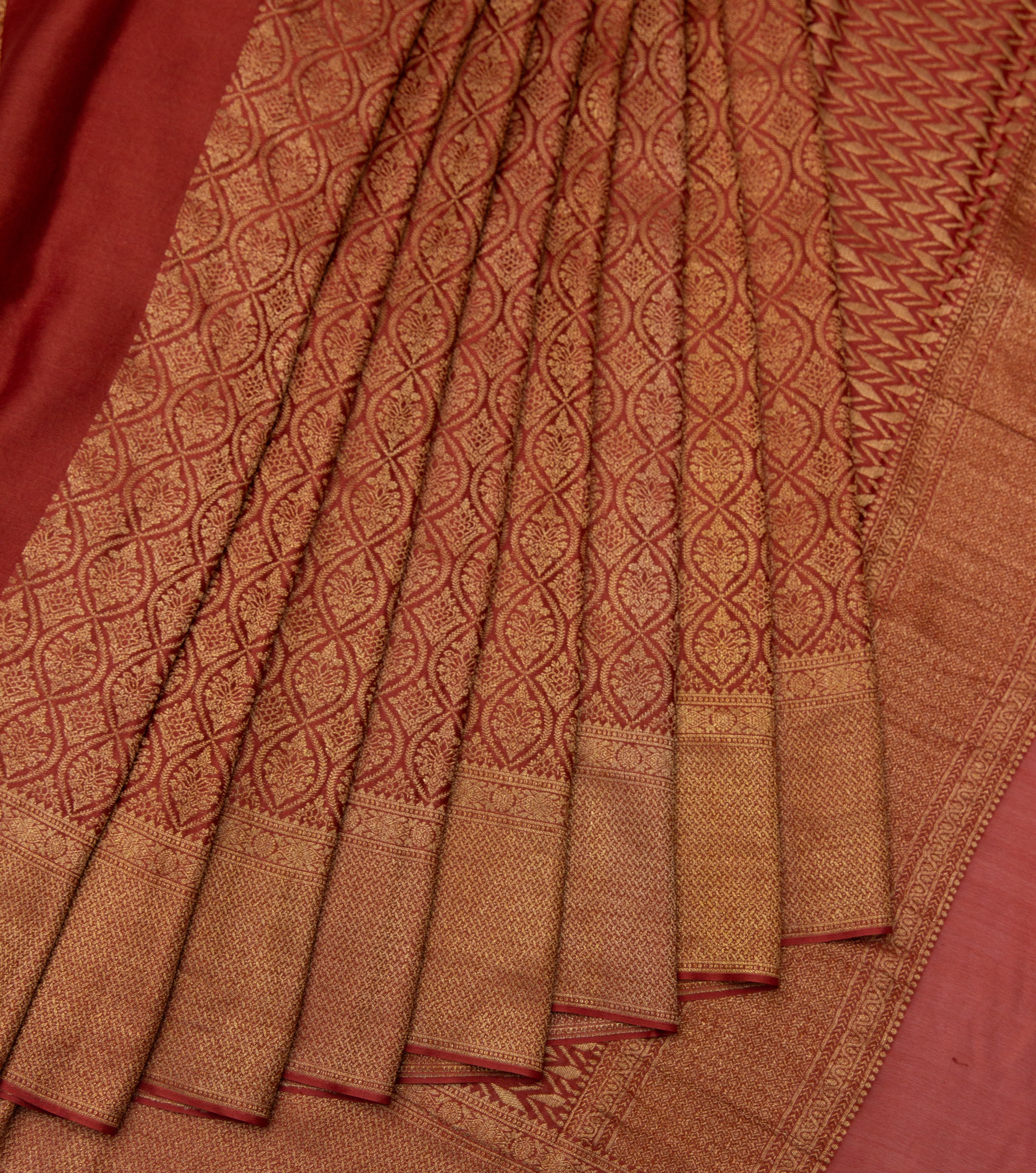 Saanjh : Rust Orange Brocade Mysore Crepe Silk Saree