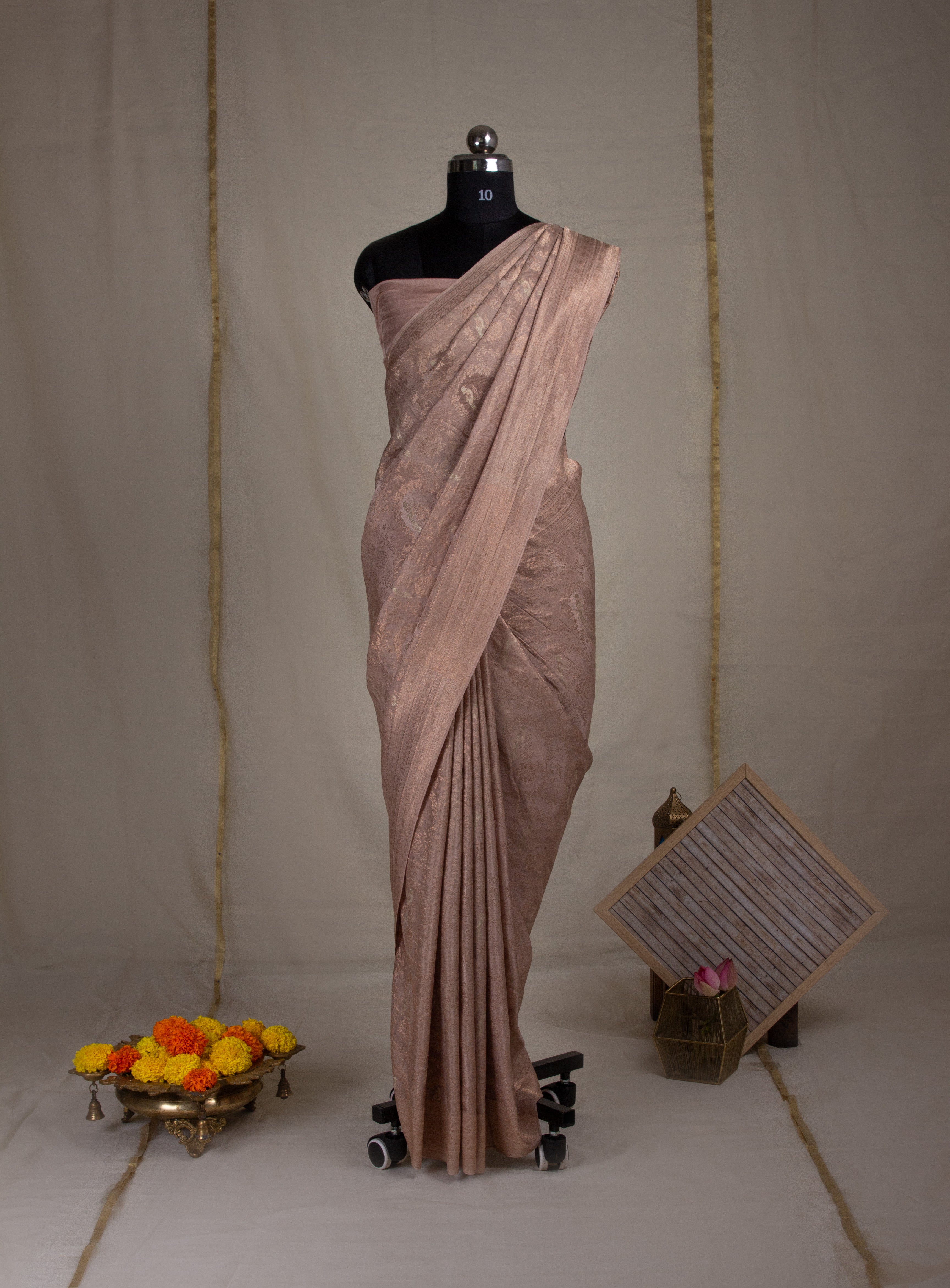 Jangla: Beige Brocade Mysore Crepe Silk Saree