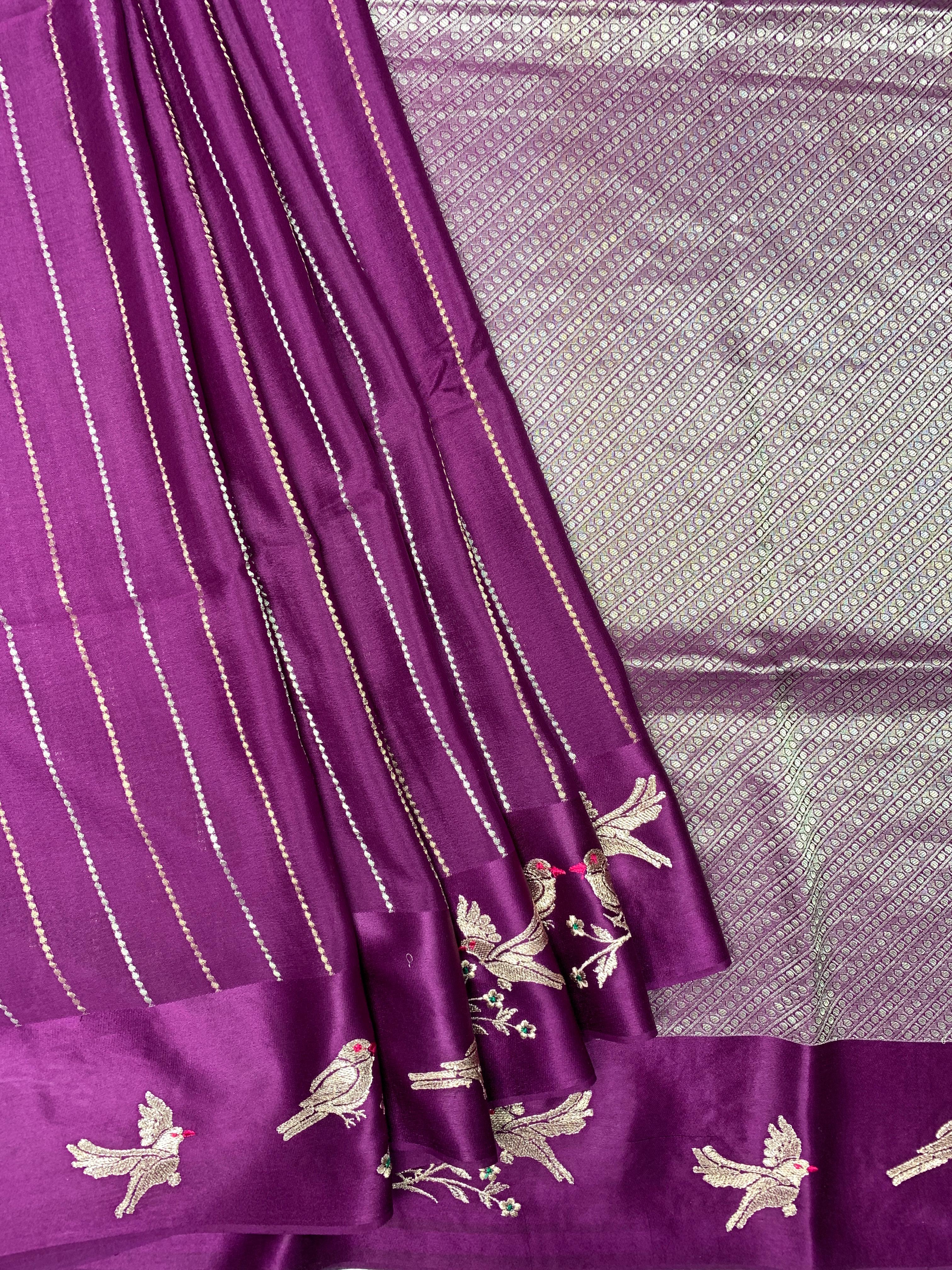 Rustic Bird: Wine Crepe Silk Saree