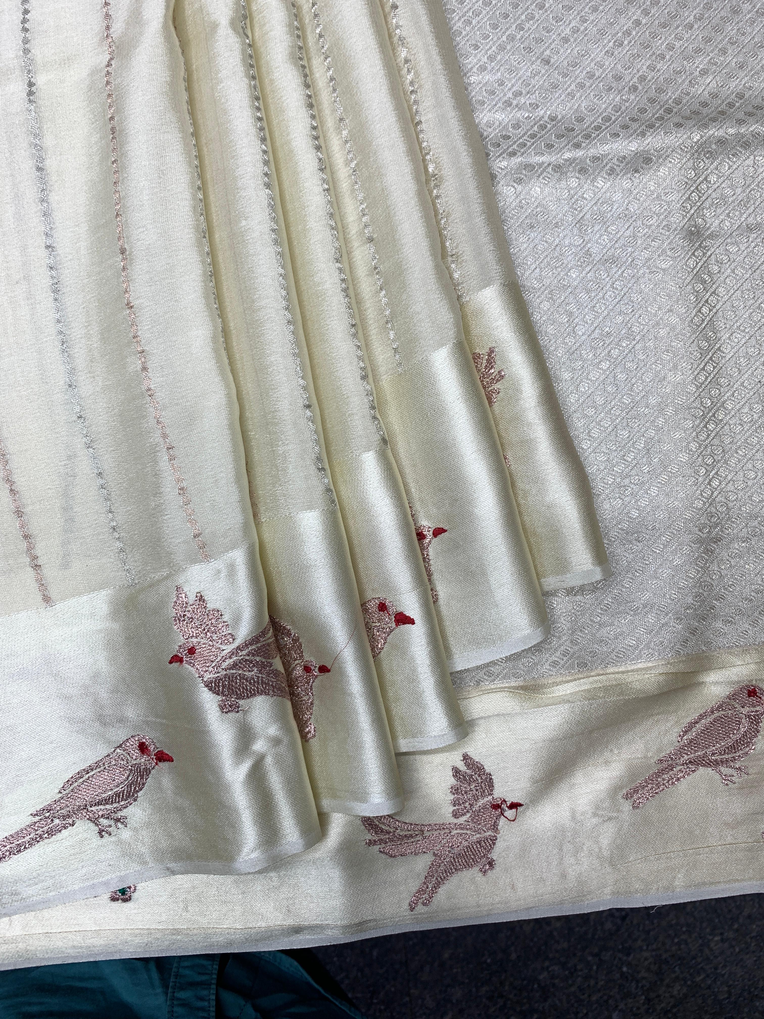 Rustic Bird: White Mysore Crepe Silk Saree