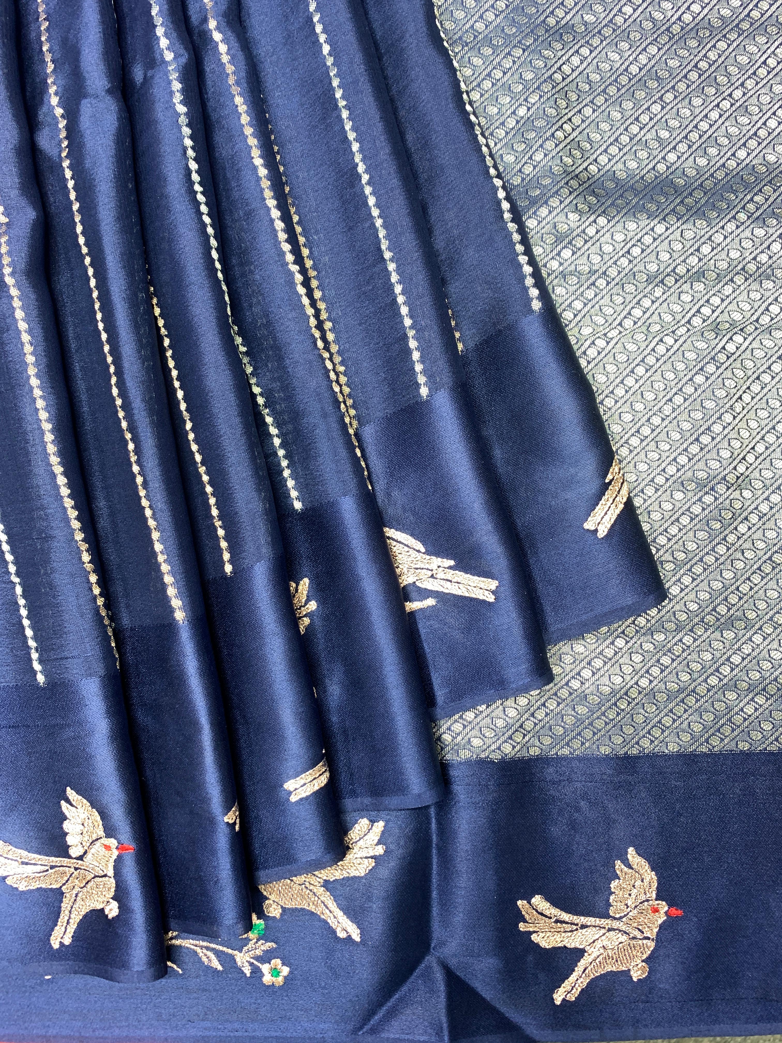 Rustic Bird: Navy Blue Mysore Crepe Silk Saree
