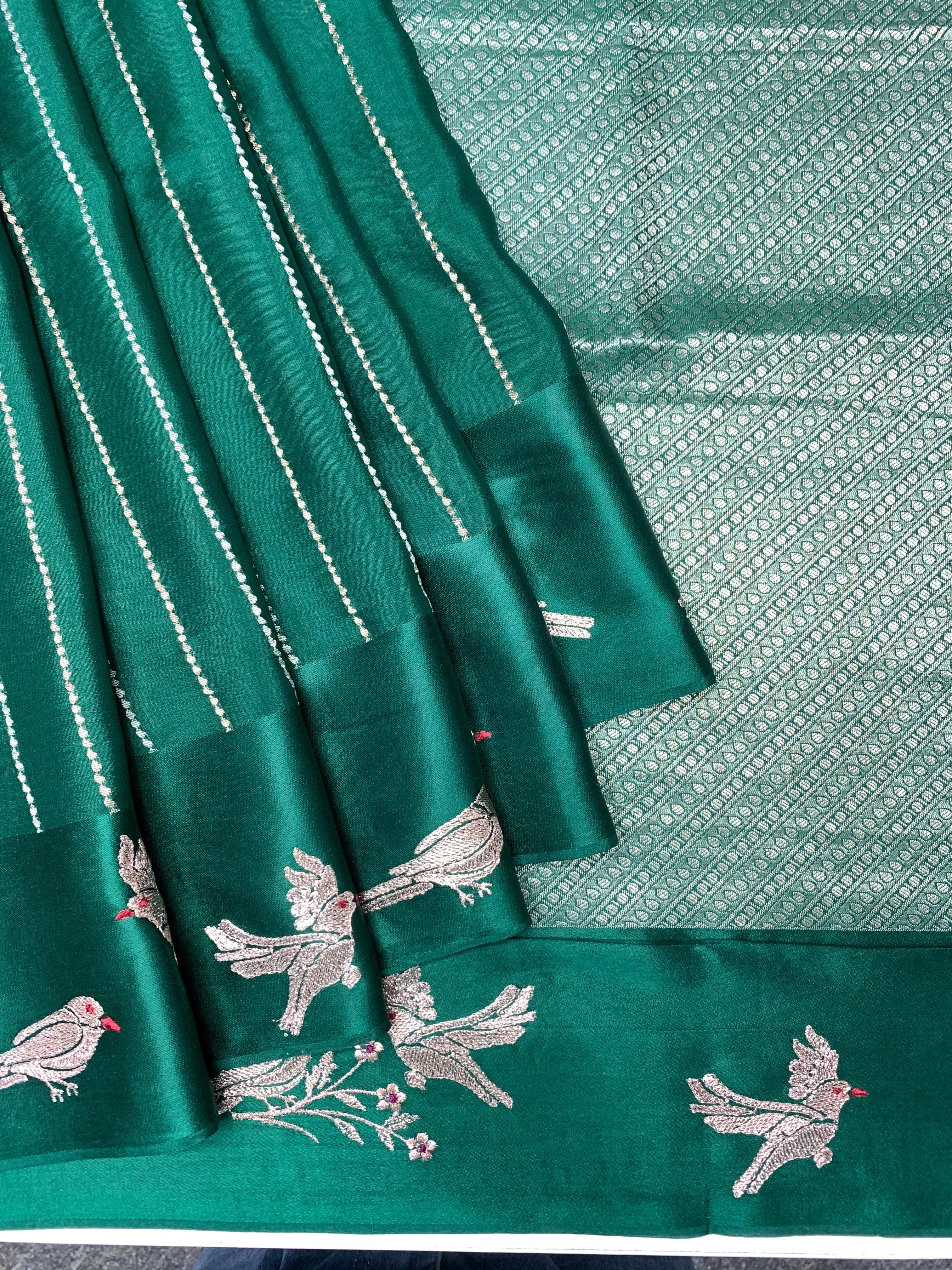 Rustic Bird: Green Mysore Crepe Silk Saree