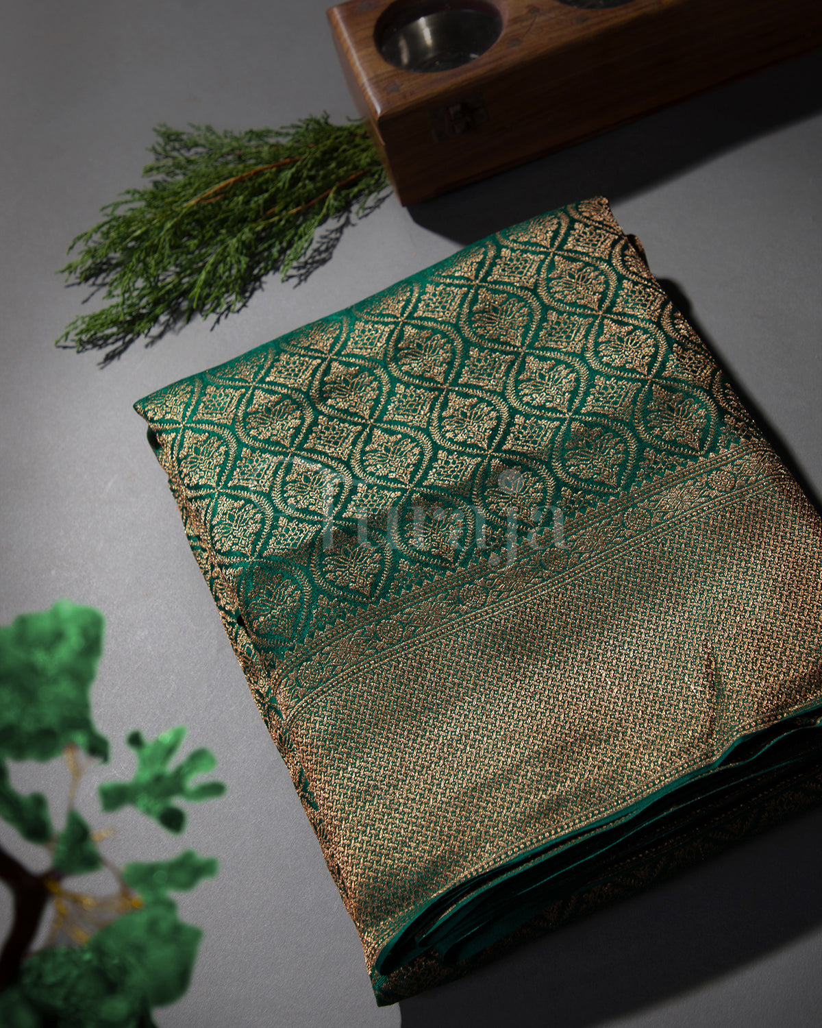 Saanjh: Bottle green Brocade Mysore Crepe Silk Saree