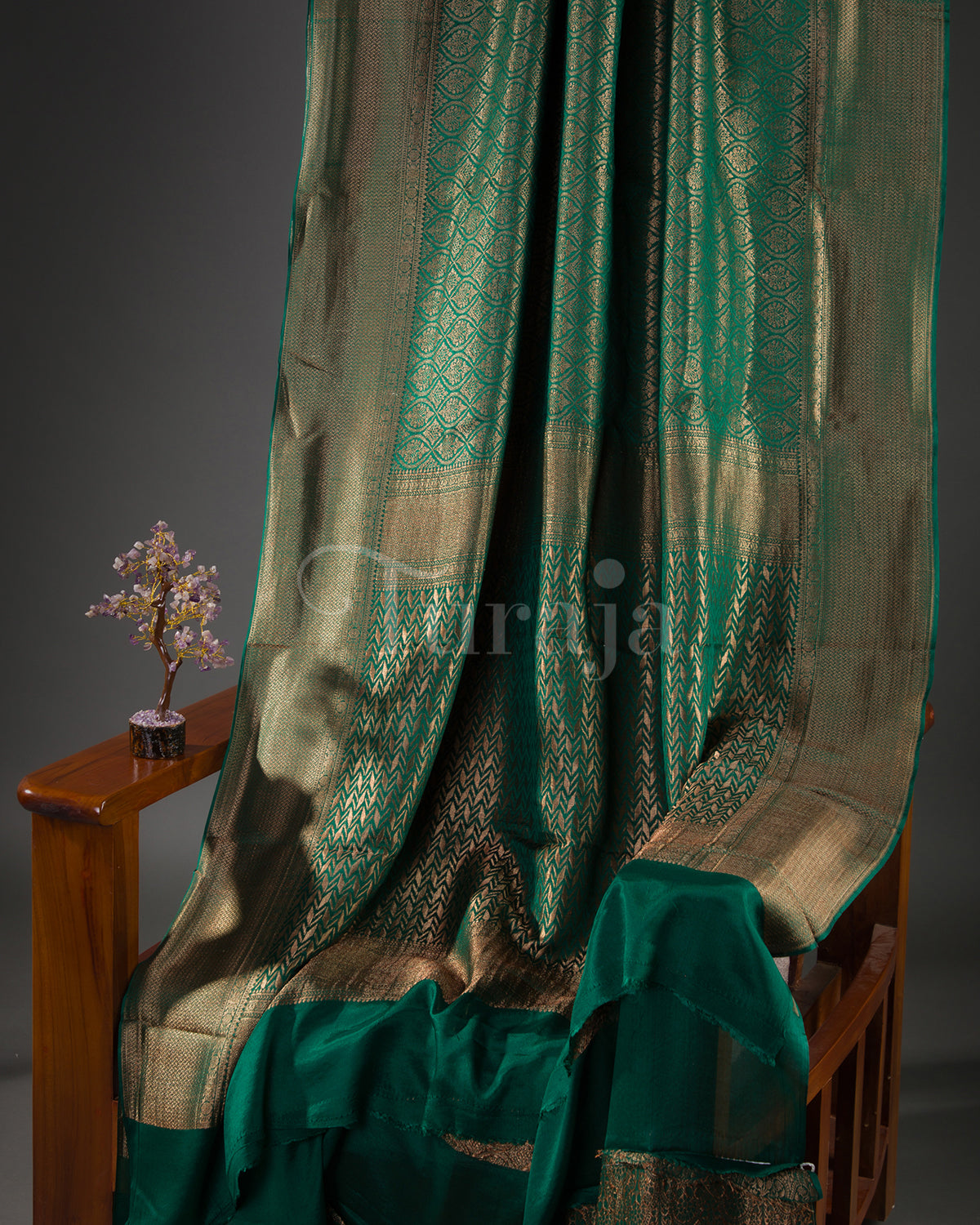 Saanjh: Bottle green Brocade Mysore Crepe Silk Saree