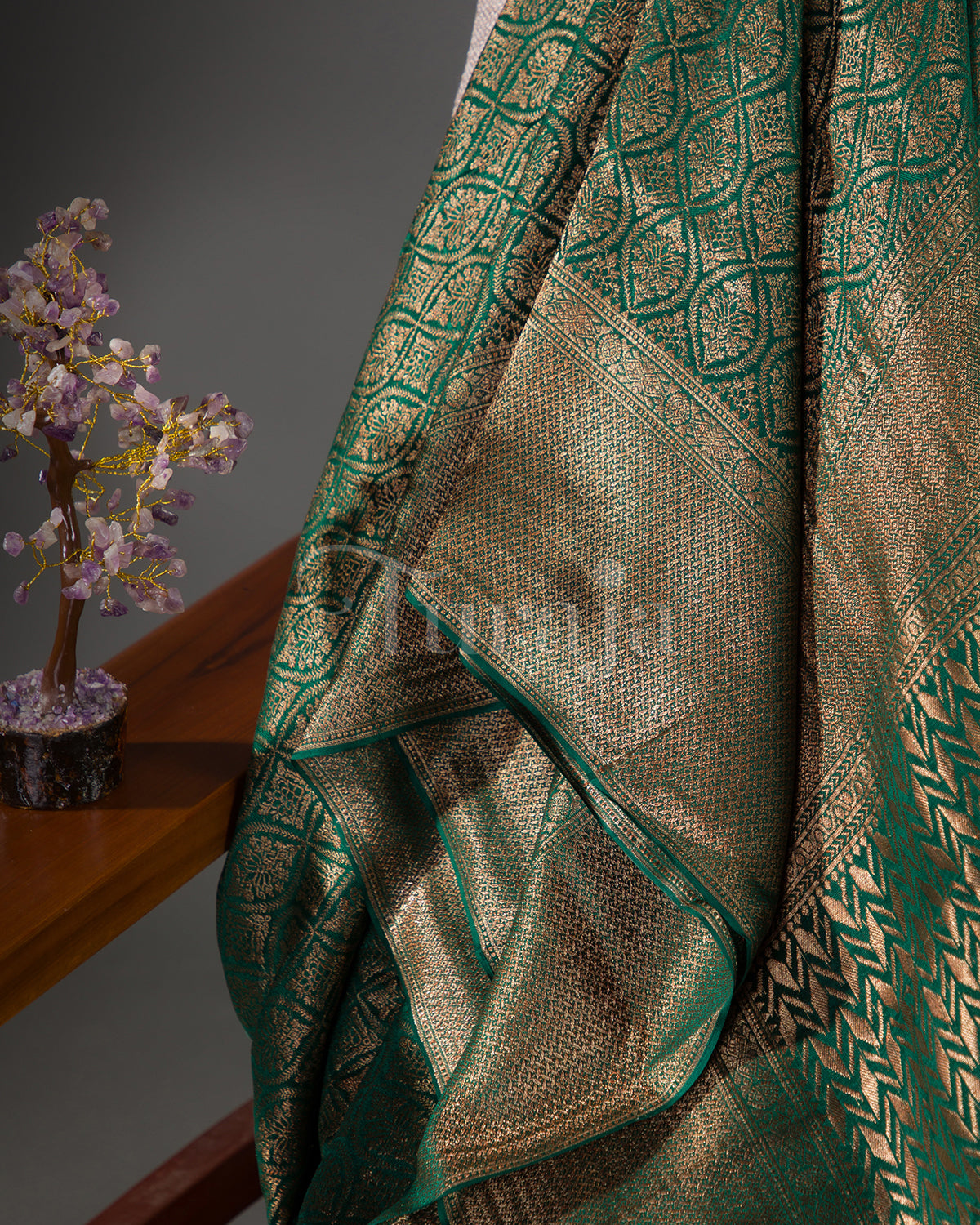 (Rashmika Mandanna Design) Saanjh: Bottle green Brocade Mysore Crepe Silk Saree