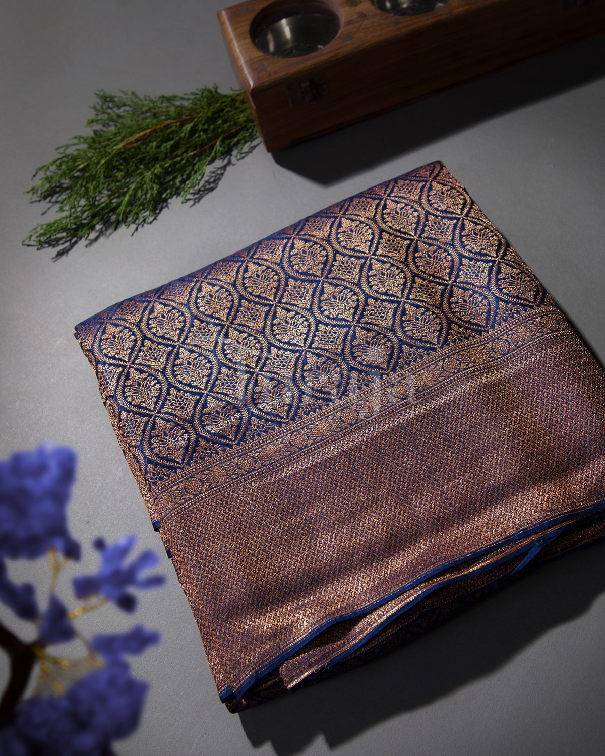 Saanjh: Navy Blue Brocade Mysore Crepe Silk Saree