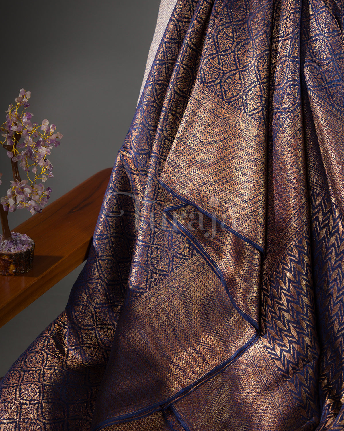 (Rashmika Mandanna Design) Saanjh: Navy Blue Brocade Mysore Crepe Silk Saree