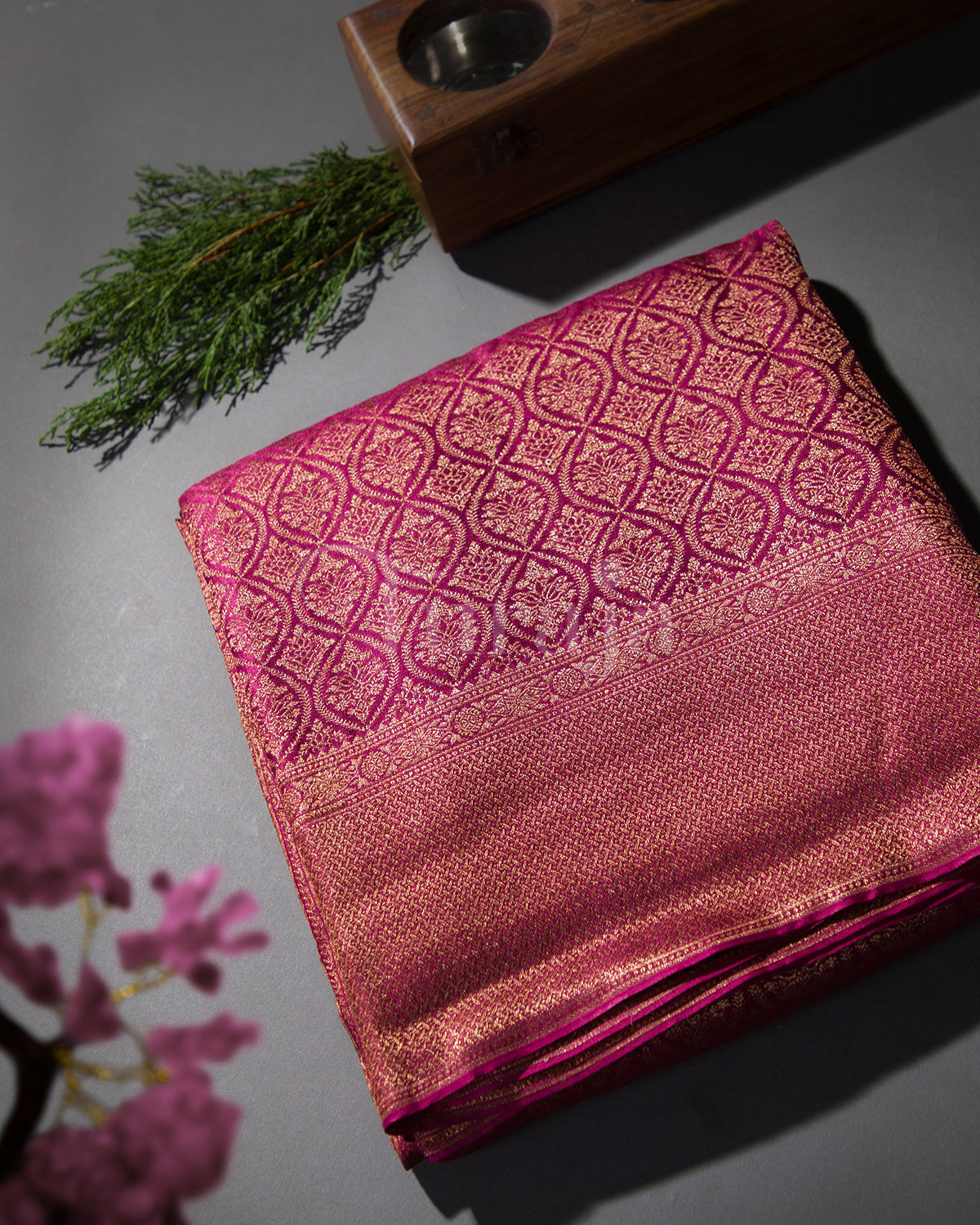 Saanjh: Rani Pink Brocade Mysore Crepe Silk Saree