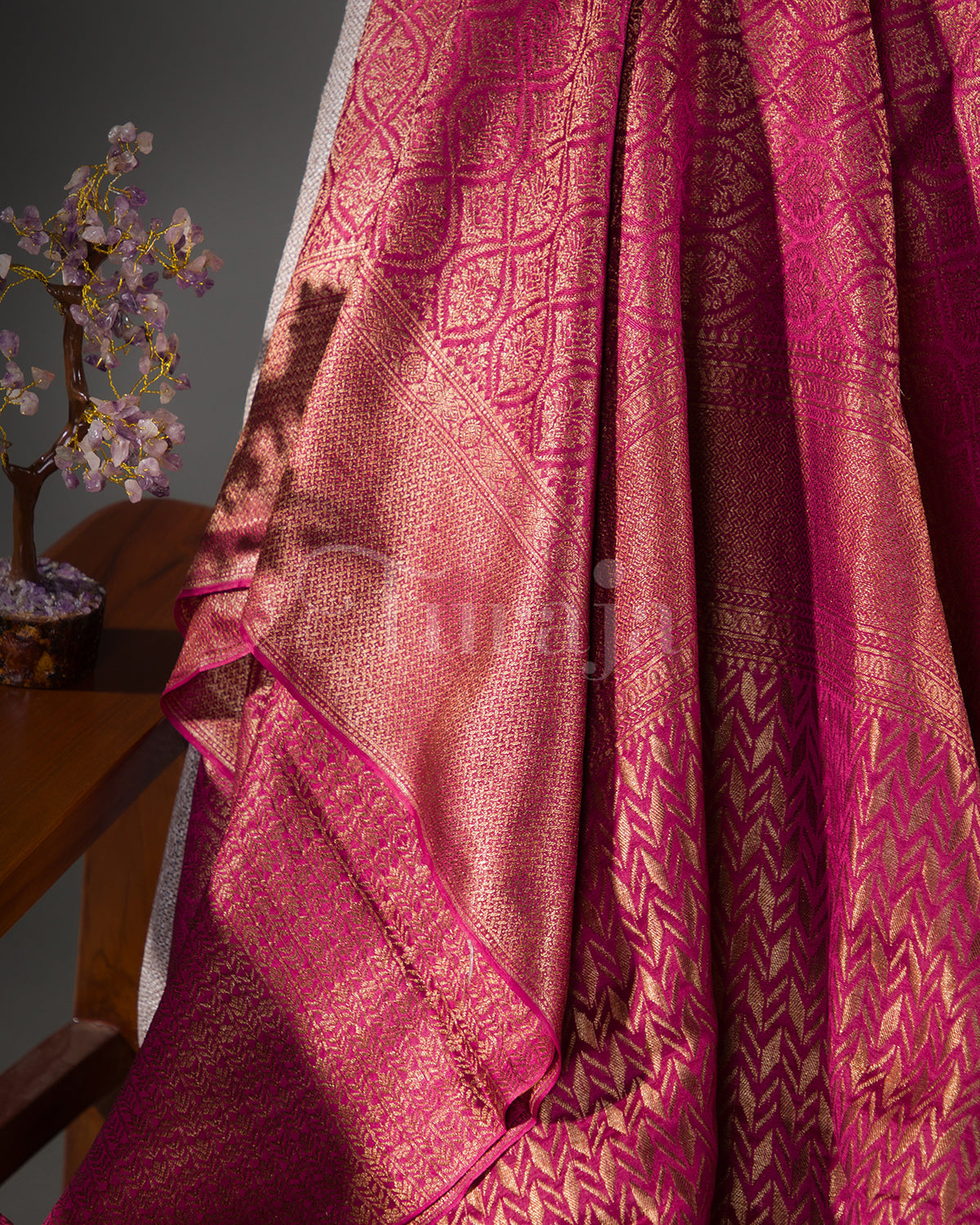 Saanjh: Rani Pink Brocade Mysore Crepe Silk Saree
