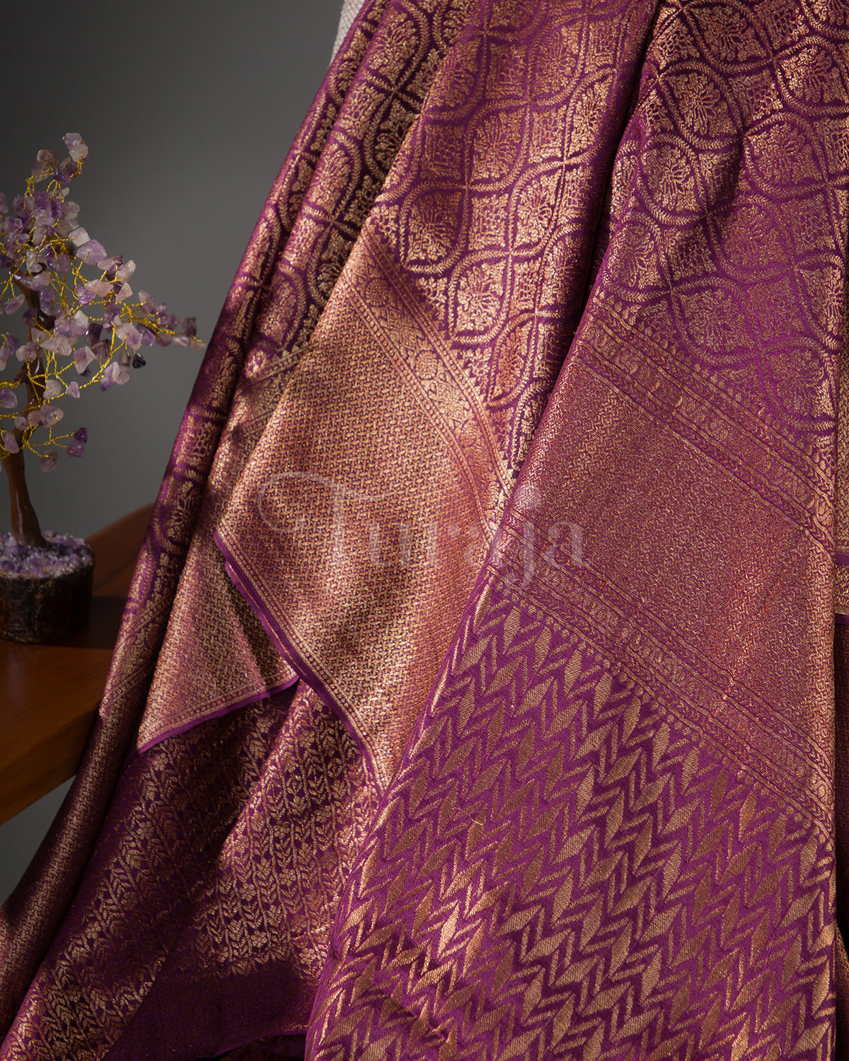 Saanjh: Wine Brocade Mysore Crepe Silk Saree
