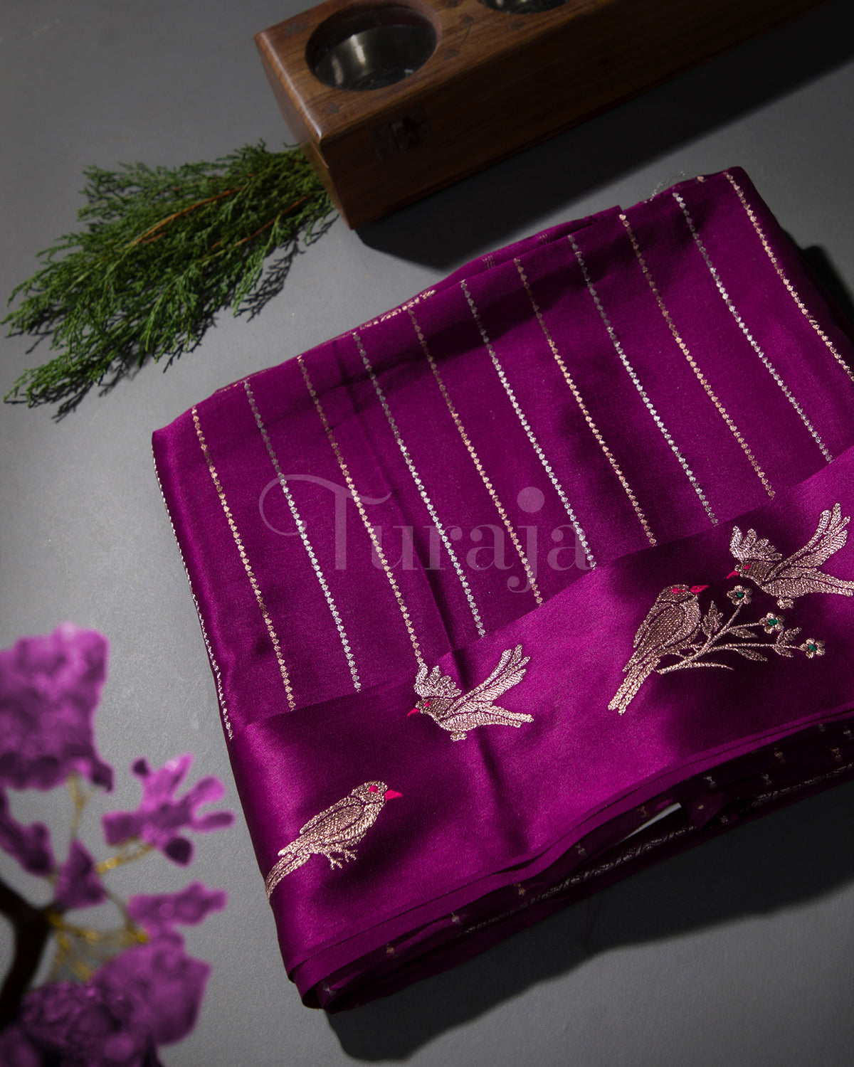 Rustic Bird: Wine Crepe Silk Saree