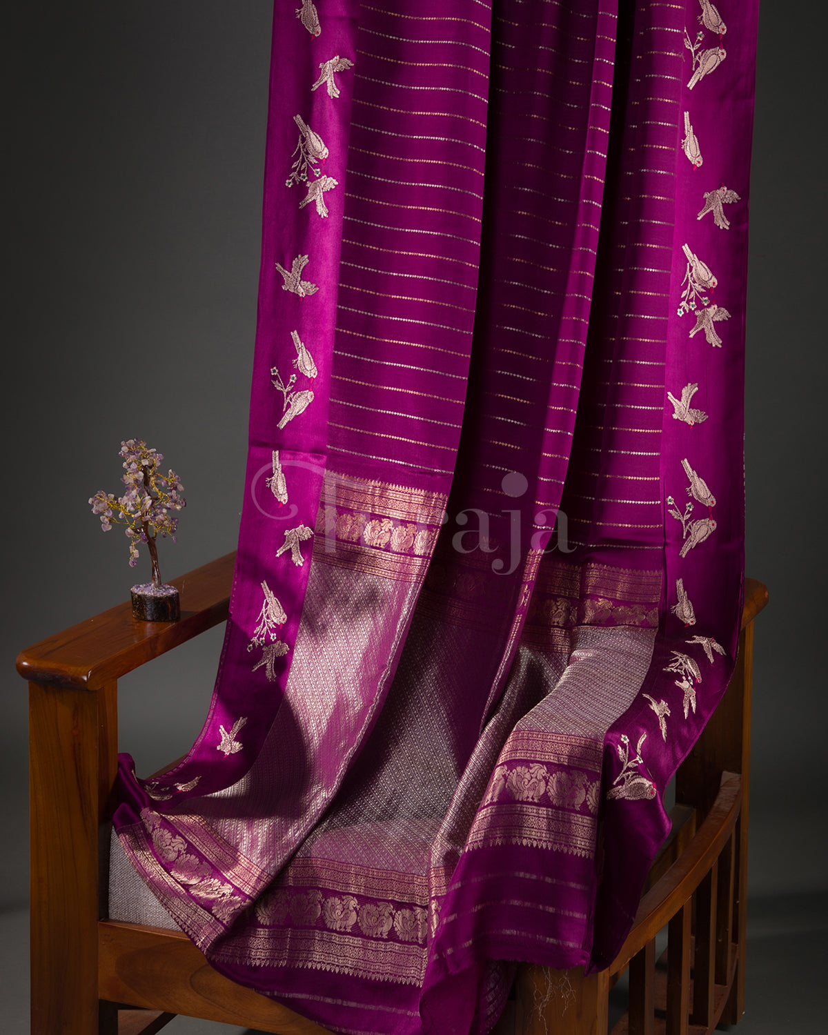 Rustic Bird: Wine Crepe Silk Saree