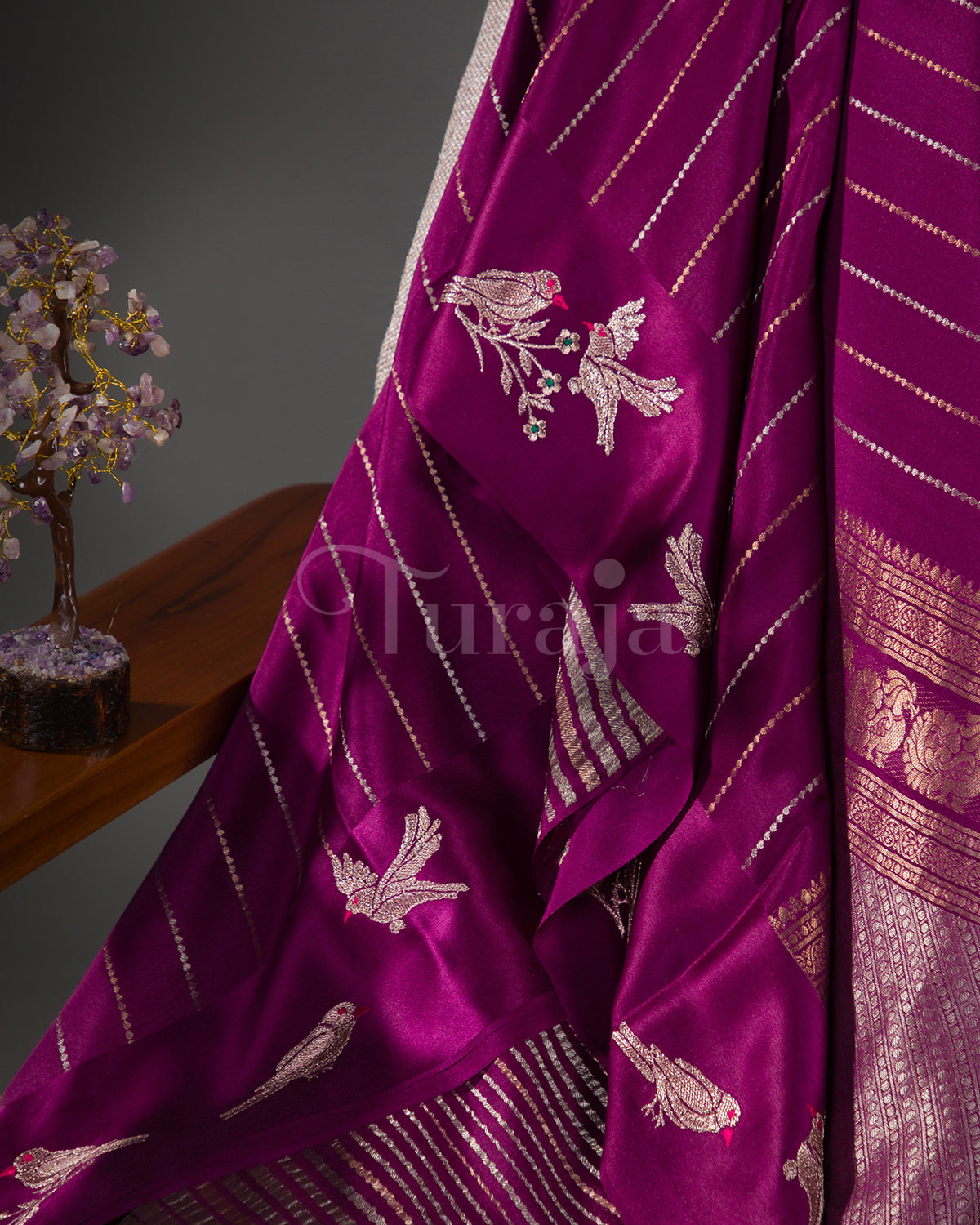 Rustic Bird: Wine Crepe Silk Saree