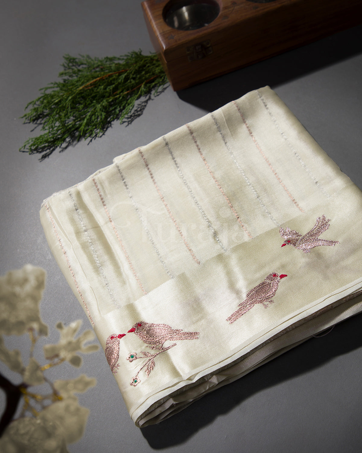 Rustic Bird: White Mysore Crepe Silk Saree