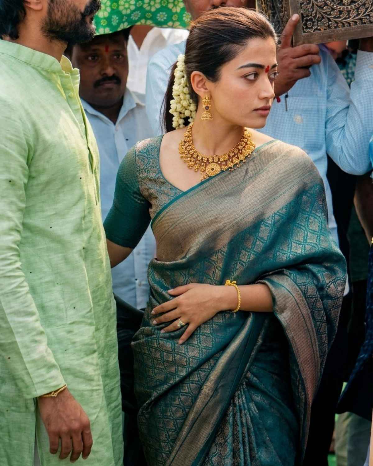(Rashmika Mandanna Design) Saanjh: Rama Blue Brocade Mysore Crepe Silk Saree