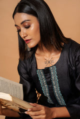 A women wearing black pure tussar kurti set, ethnic wear for women