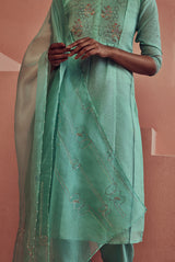 A women wearing firoza pure fancy chanderi  suit set with princess cut, ethnic wear for women.
