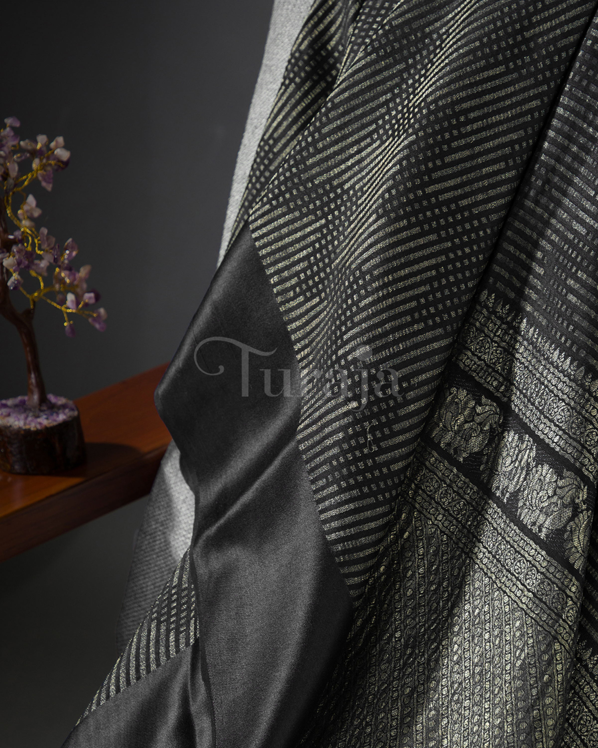 Sunset Weave: Black Mysore Crepe Silk Saree
