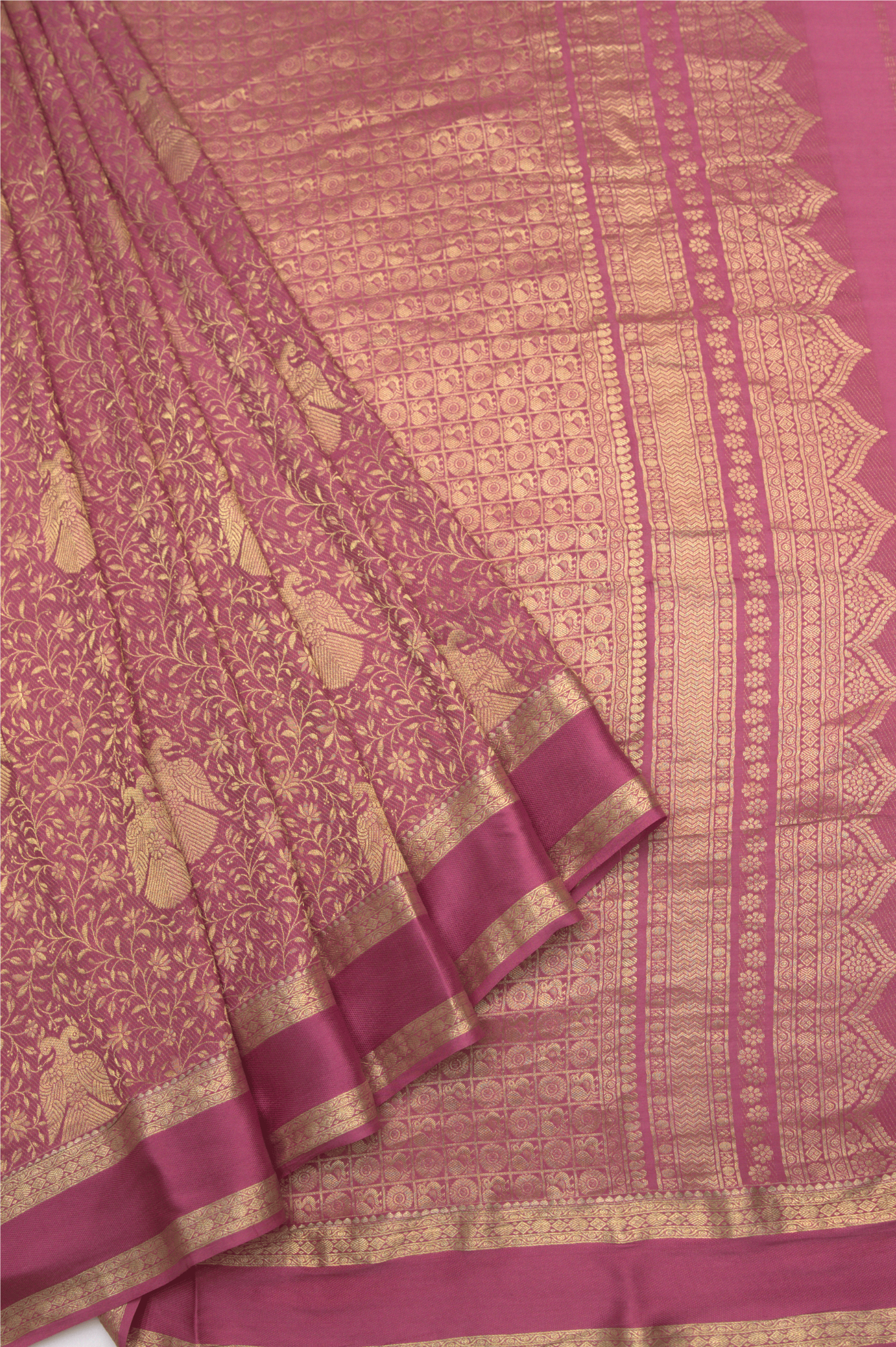 Brocade Peacock: Peach Pink Mysore Crepe Silk Saree