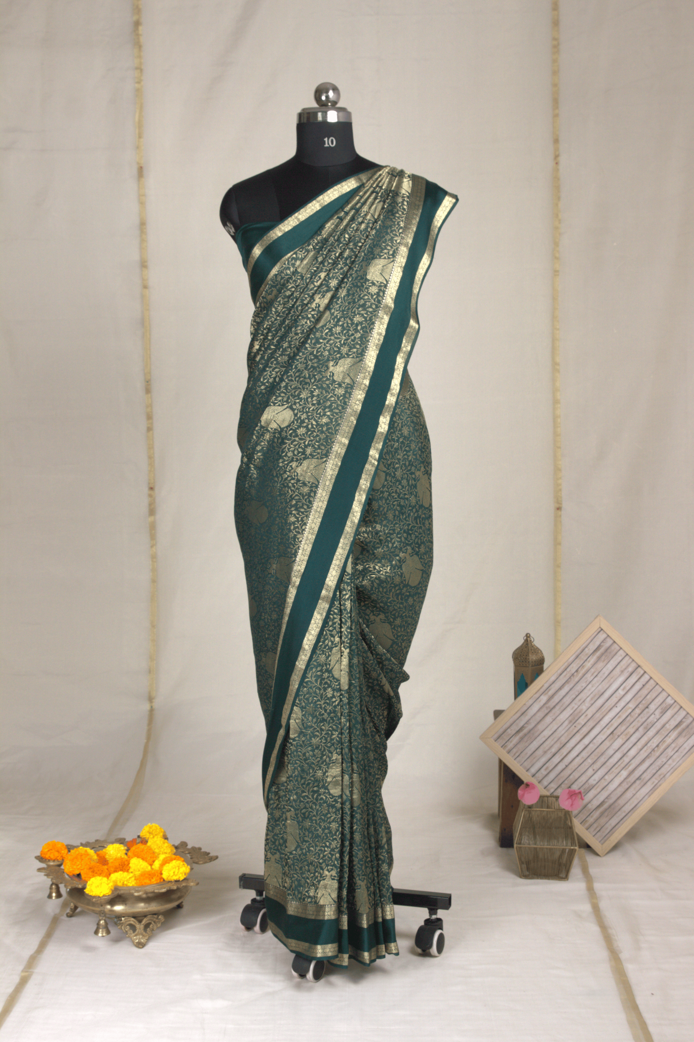 Brocade Peacock: Bottle Green Mysore Crepe Silk Saree