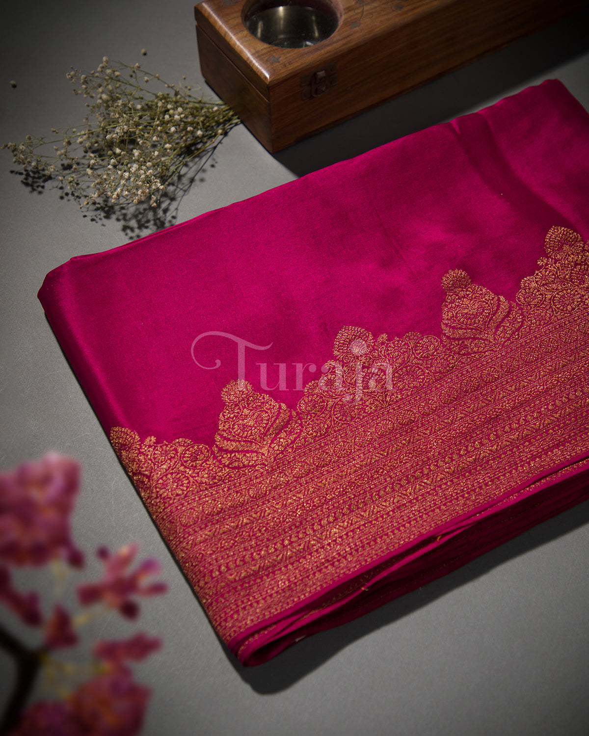 Antique Border: Rani Pink Mysore Crepe Silk Saree