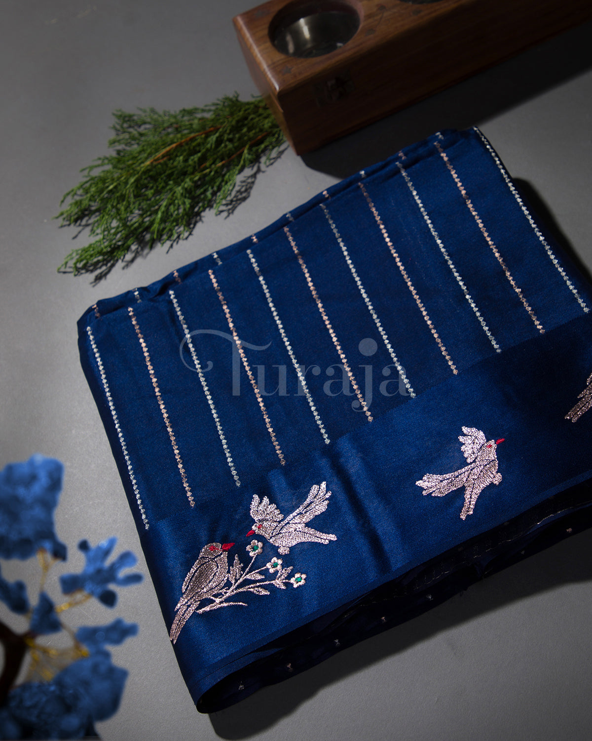 Rustic Bird: Navy Blue Mysore Crepe Silk Saree