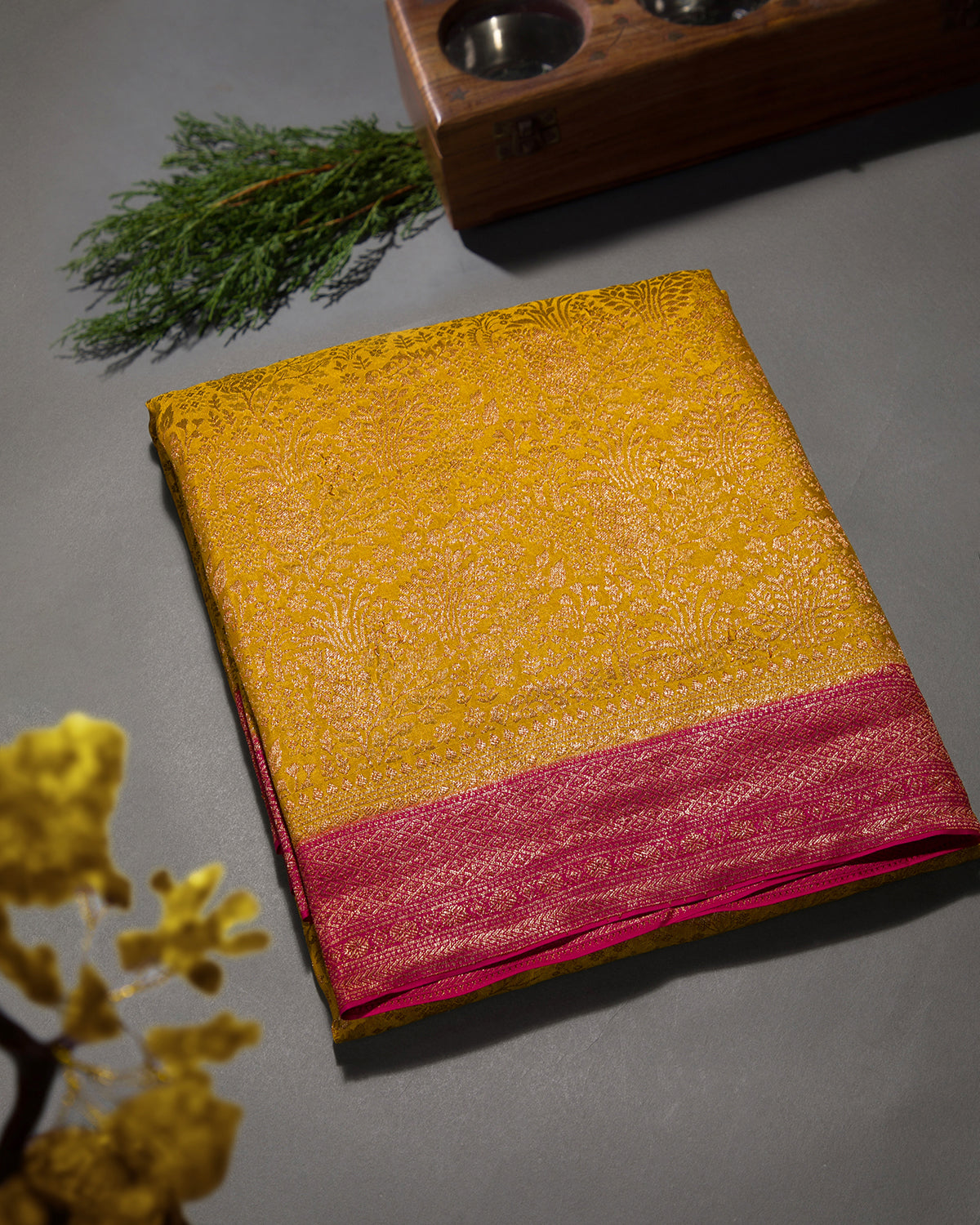 Gulbarga - Yellow and Rani Pink Mysore Crepe Silk Saree