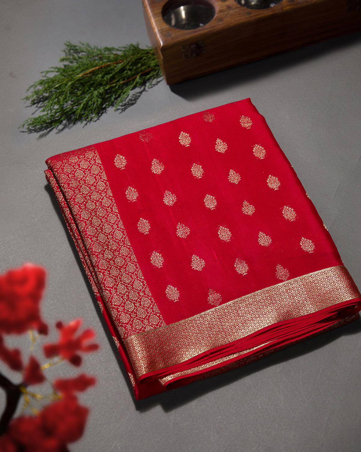 Zari Darbar - Red Mysore Crepe Silk Saree