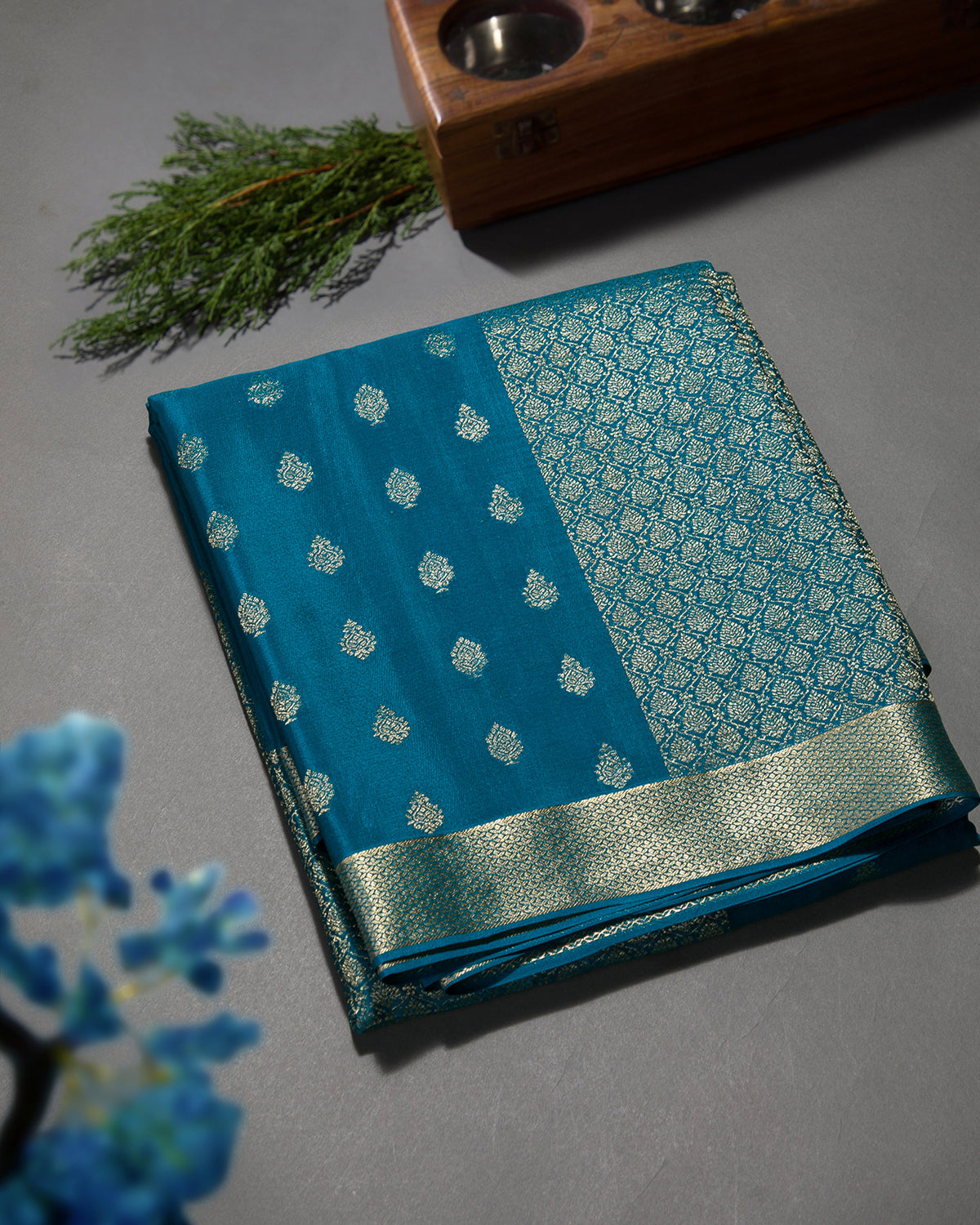 Zari Darbar - Peacock Blue Mysore Crepe Silk Saree