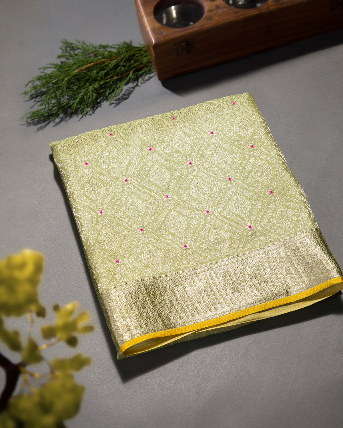 Meenakari Jaal - Pista Green Mysore Crepe Silk Saree