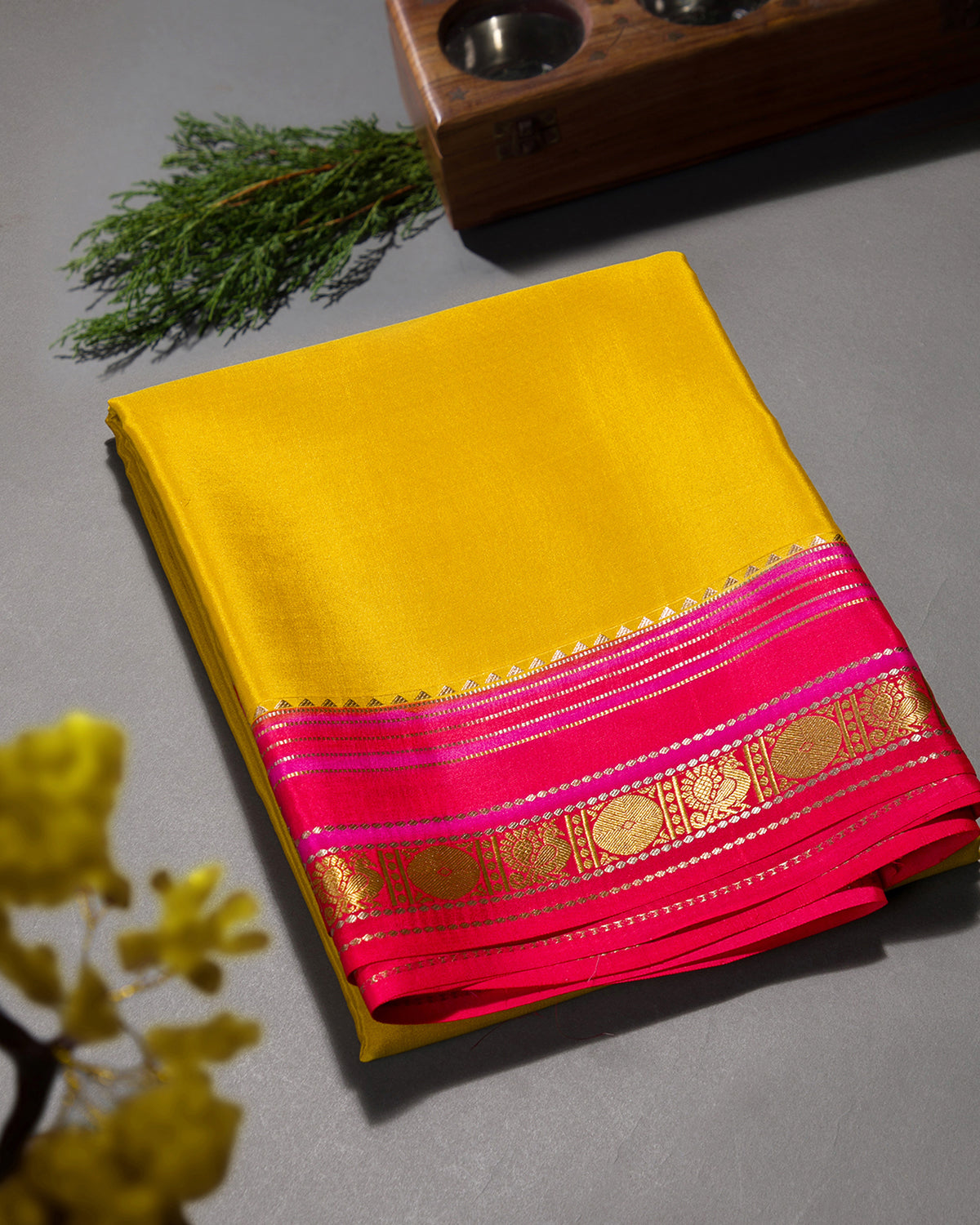 Rangkart - Yellow and Rani Pink Mysore Crepe Silk Saree