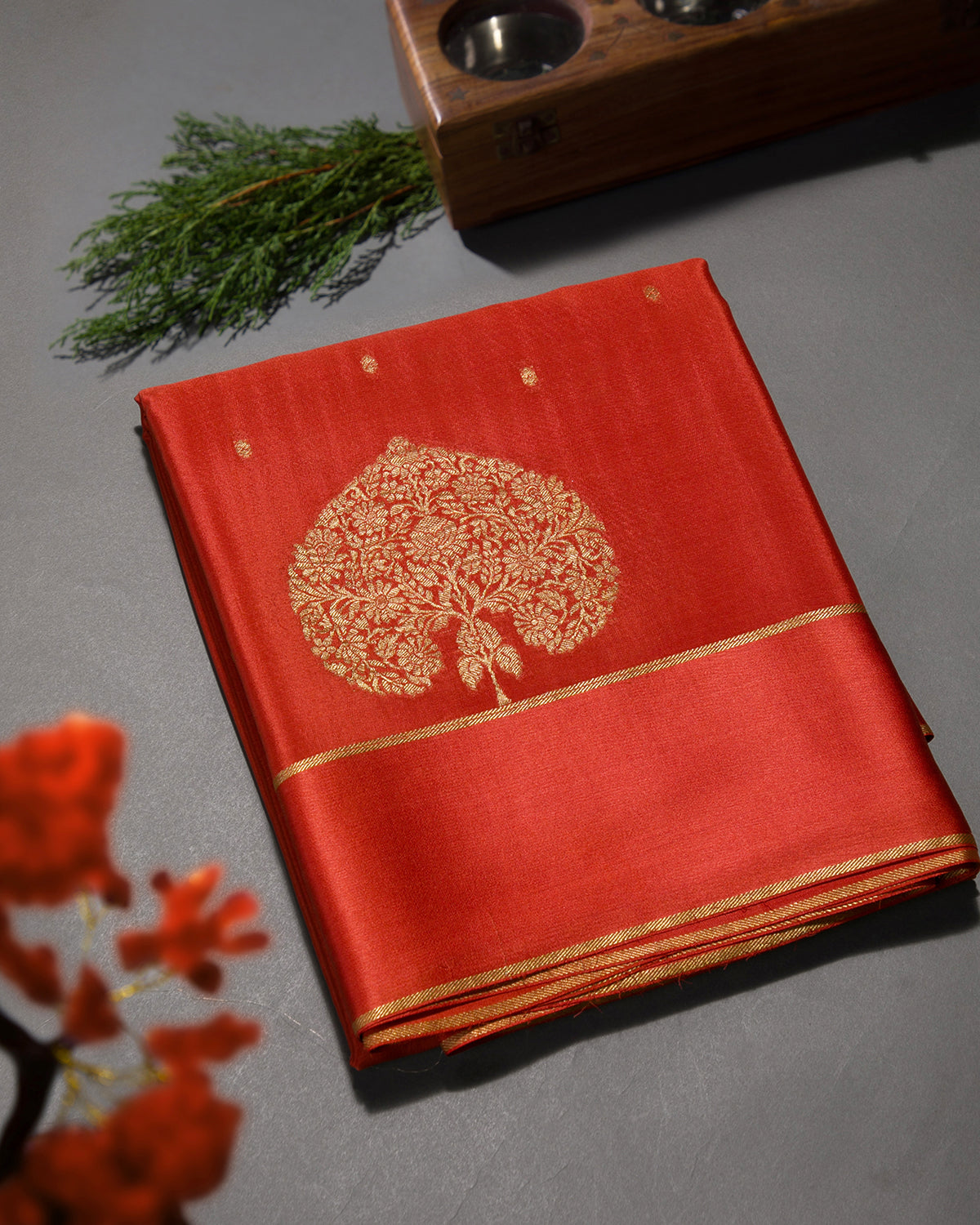 Morbagh - Rust Orange Mysore Crepe Silk Saree