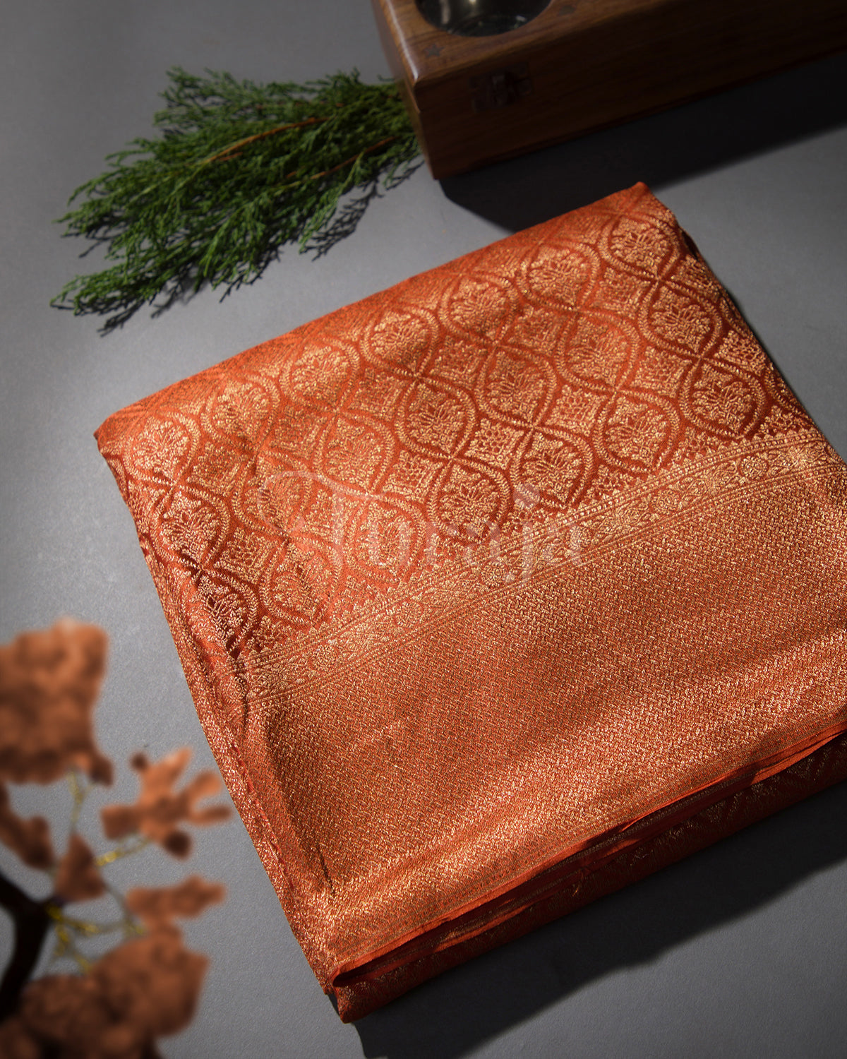 Saanjh : Rust Orange Brocade Mysore Crepe Silk Saree