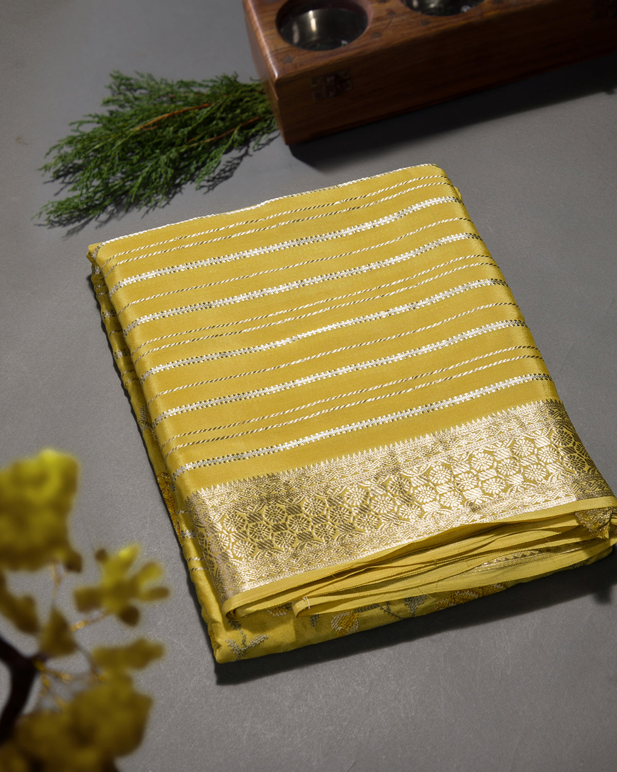 Floral Ari - Mustard Yellow Mysore Crepe Silk Saree